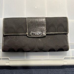 Coach Black Signature Canvas Trifold Wallet with Logo Plaque